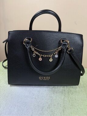 GUESS Black Pebbled Leather Satchel with Gold Charm Chain